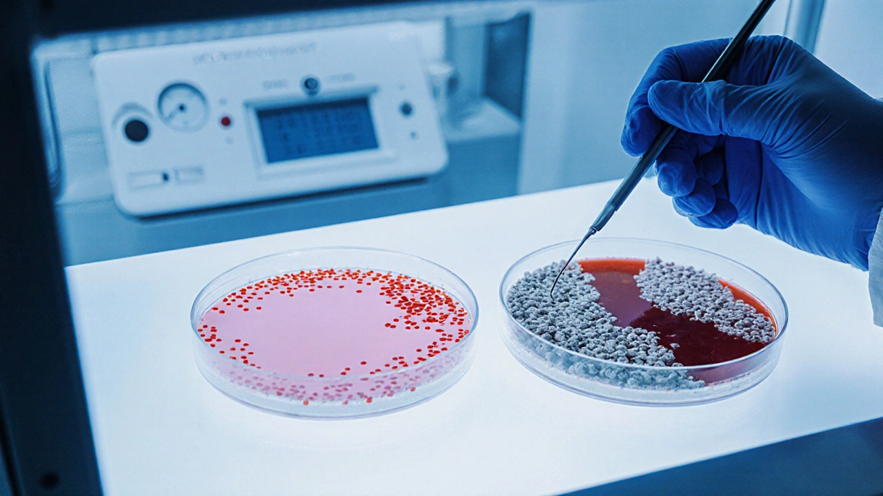 Agarové plotny s růžovými a bílými koloniemi v laboratoři pod incubačním skříní.
