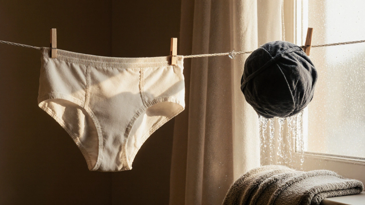 Bavlněné a syntetické spodní prádlo visí na šňůře, symbolizující rizika hygieny.