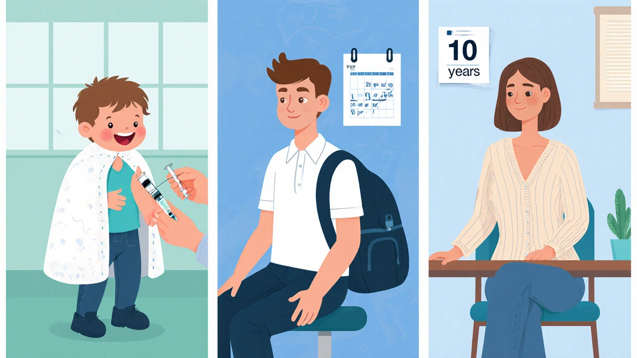 Dětská, adolescentní a dospělá postava dostávají očkování DTaP, Tdap a Td v sérii.