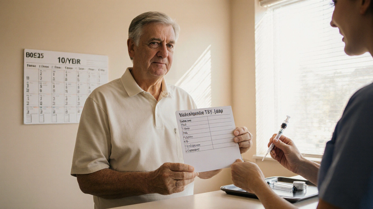 Dospělý kontroluje očkovací průkaz a připravuje se na posilovací injekci tetanu.
