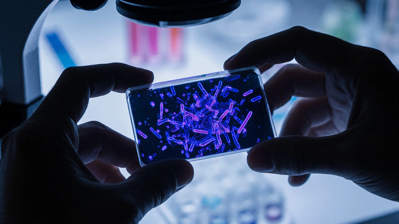 Fluorescenčně osvětlené bakterie pod mikroskopem ukazují DNA.