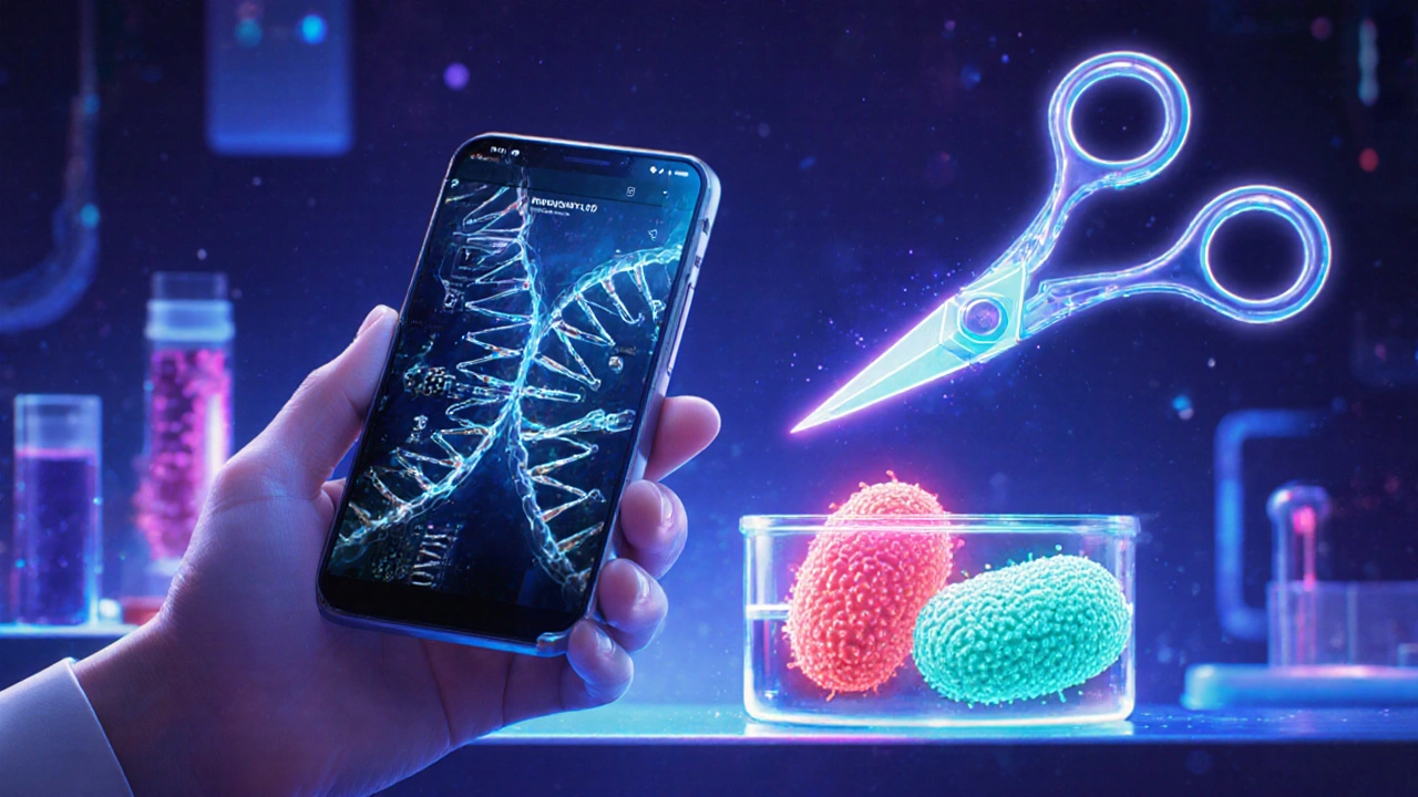 Futuristická laboratoř s hologramy DNA a cíleným bakteriofágem.