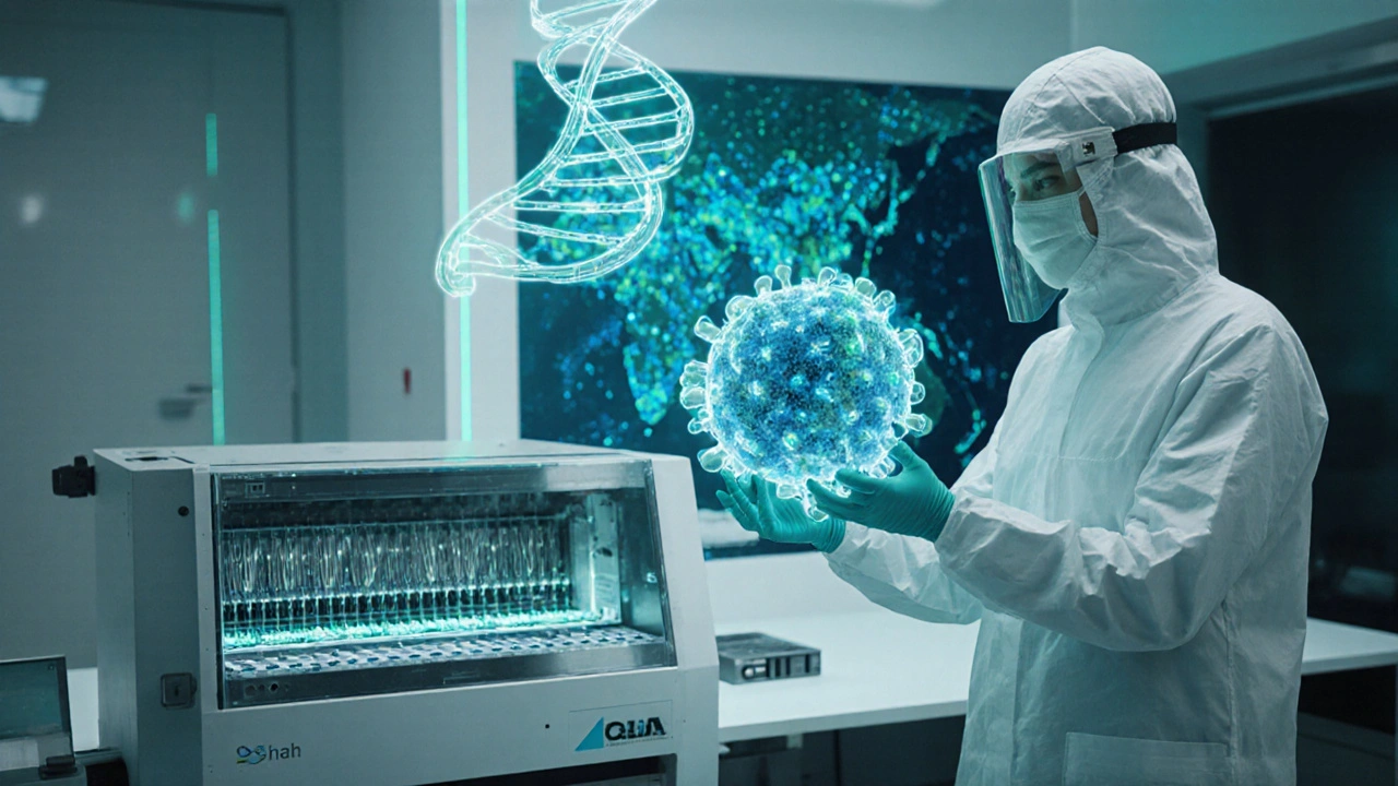 Futuristický výzkumný prostor s digitální DNA sekvencí a rezistentními bakteriemi.