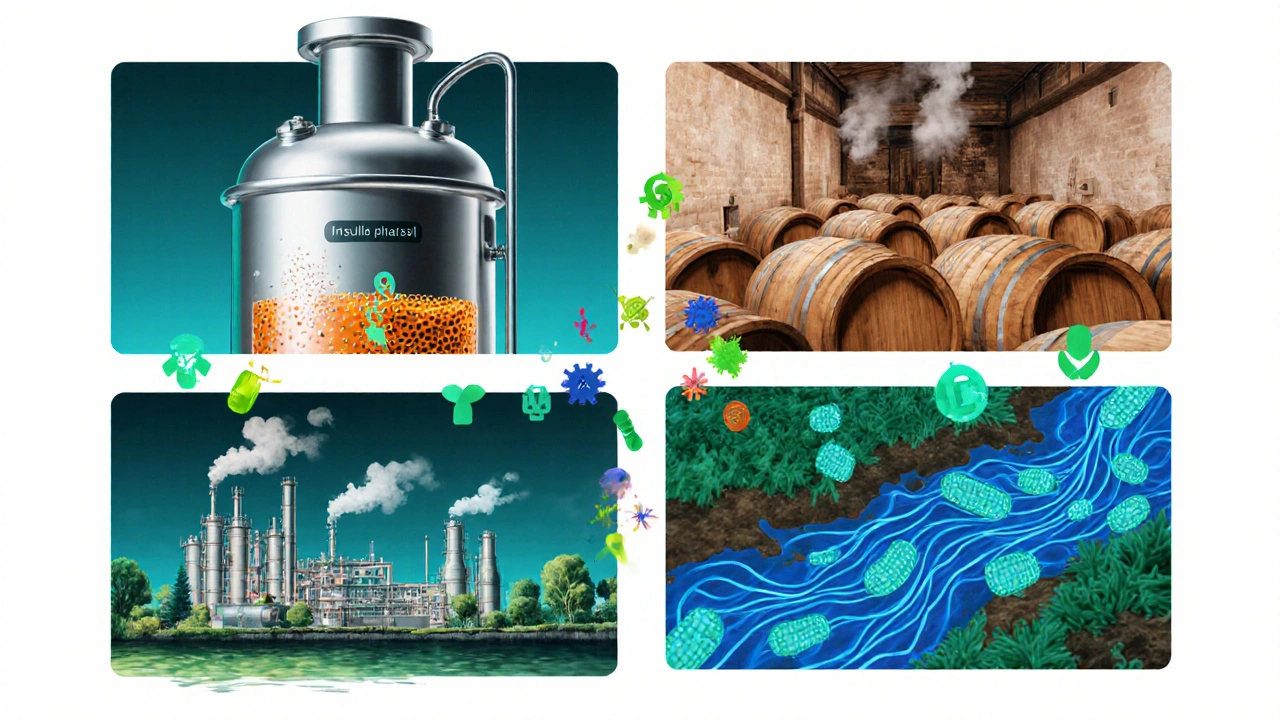 Ilustrace čtyř průmyslových aplikací: výroba inzulinu, fermentace potravin, biopaliva a bioremediace.