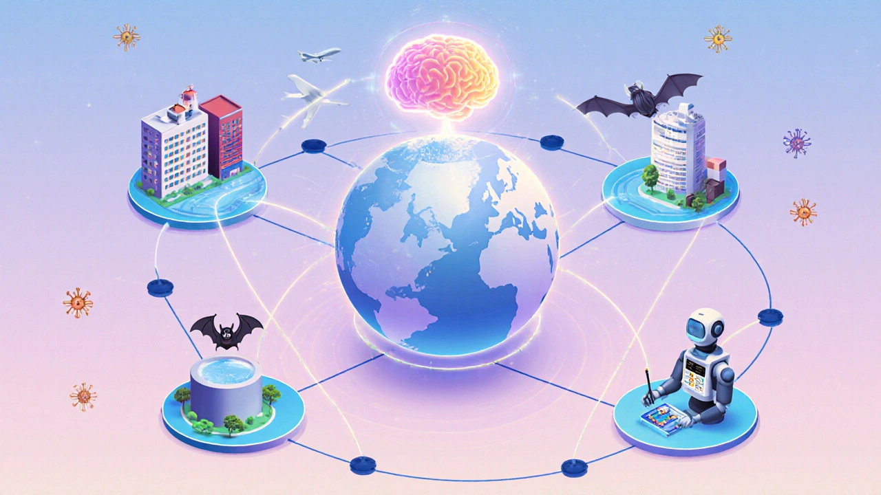 Ilustrace globálního sledování virů v konceptu One Health.