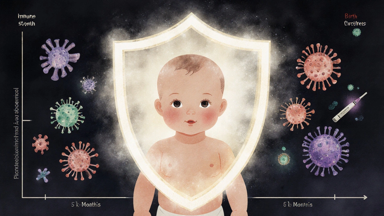 Ilustrace imunitního systému dítěte, který začíná chránit před patogeny po odchodu materních protilátek.