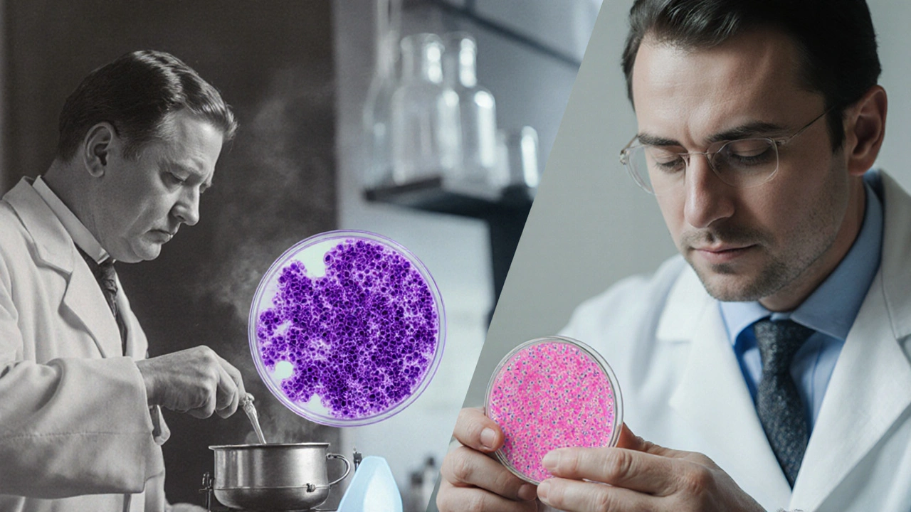 Laboratorní scéna s Pasteurem, Kochovým petričkem a barevnou Gram‑stěnou.