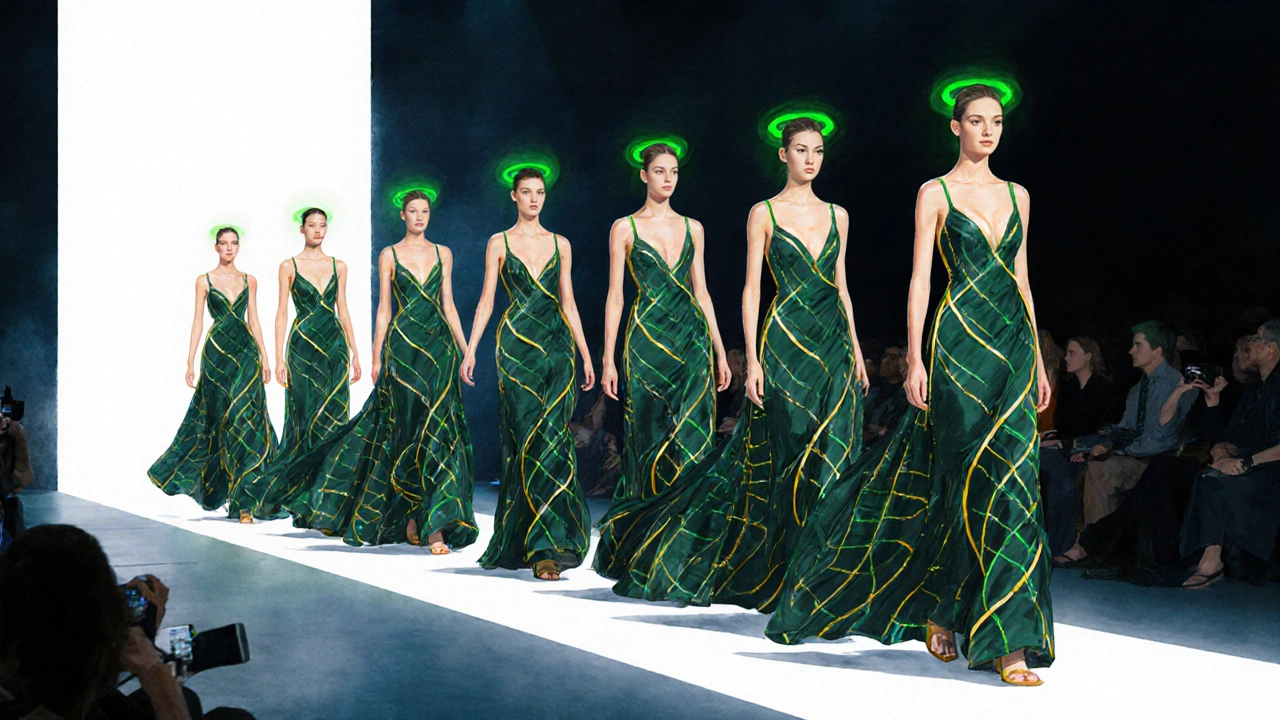 Modelky na mole runway nosí šaty s dna spirálou v zlatých a tmavě zelených tónech.