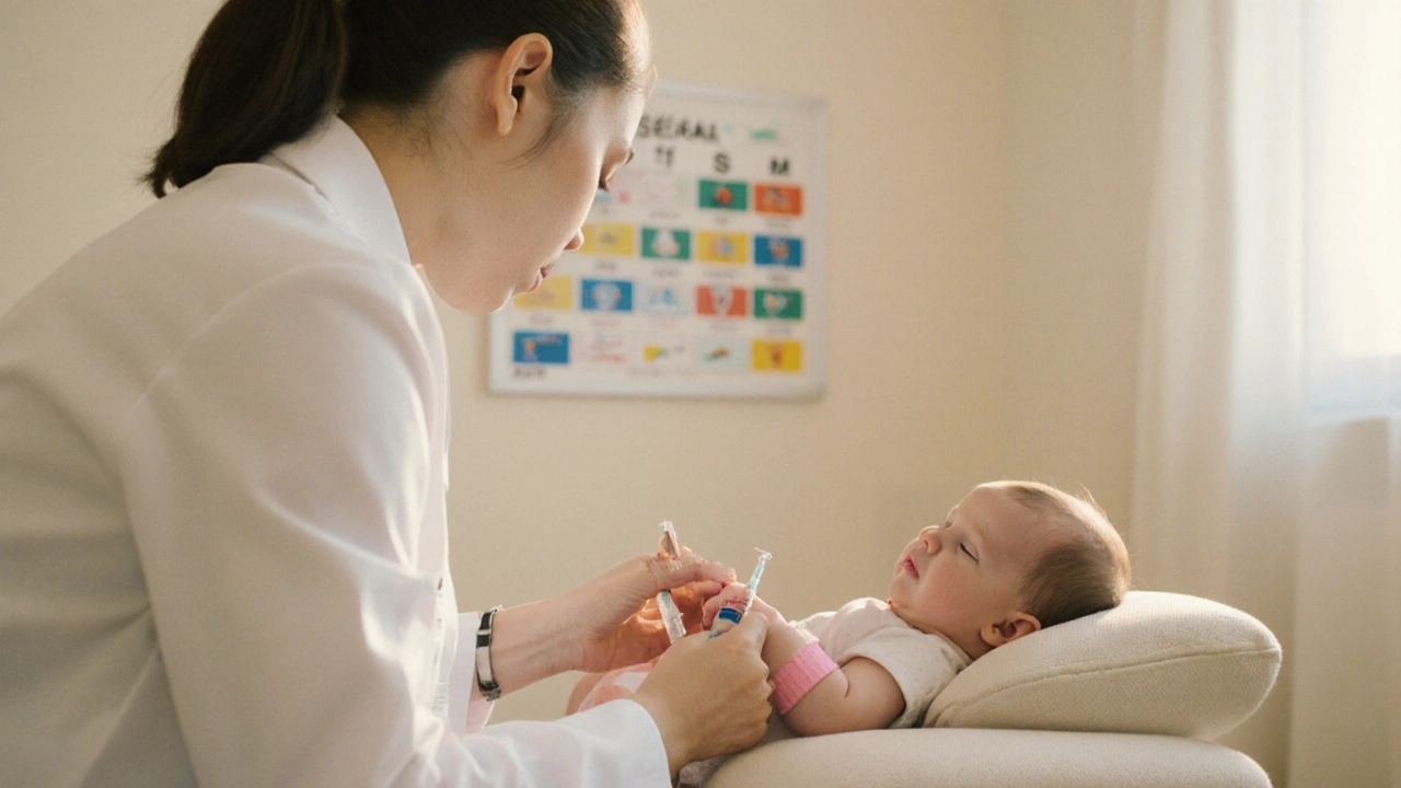 Pediatr injektuje hexavakcínu spícímu dvouměsíčnímu miminku.