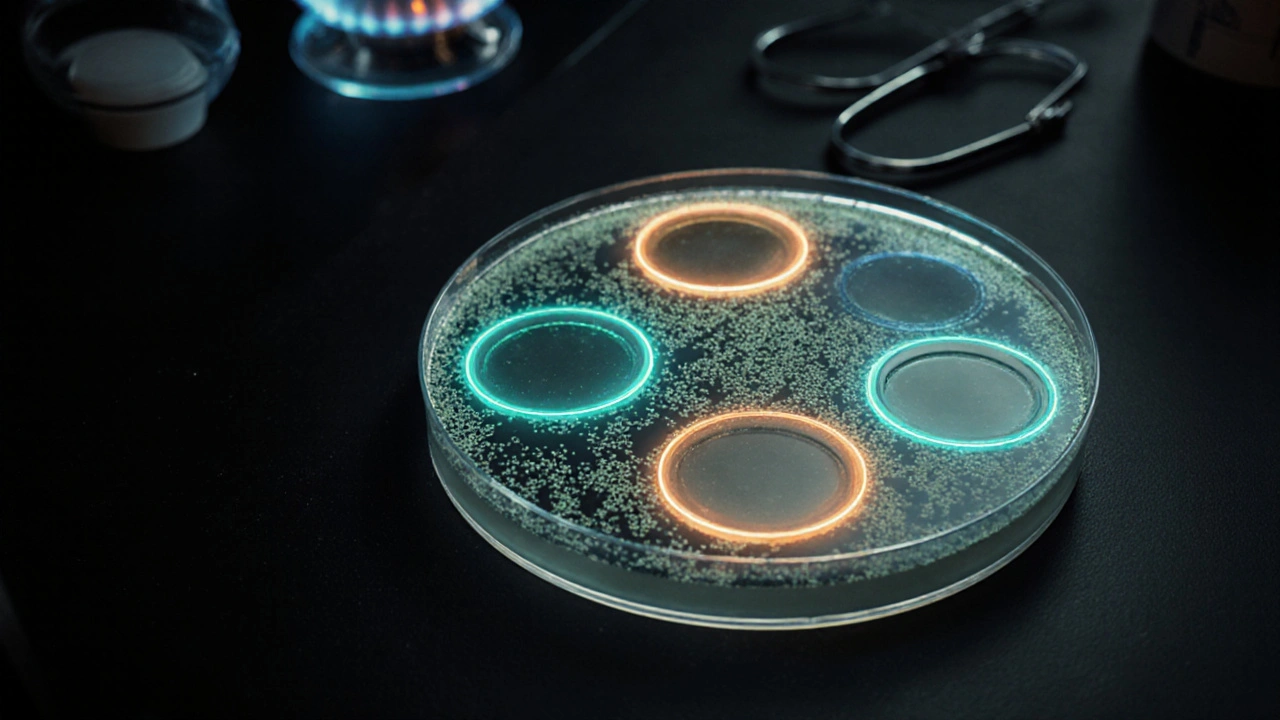 Petriho talíř s bakteriální kulturou a zónami inhibice kolem antibiotických disků.