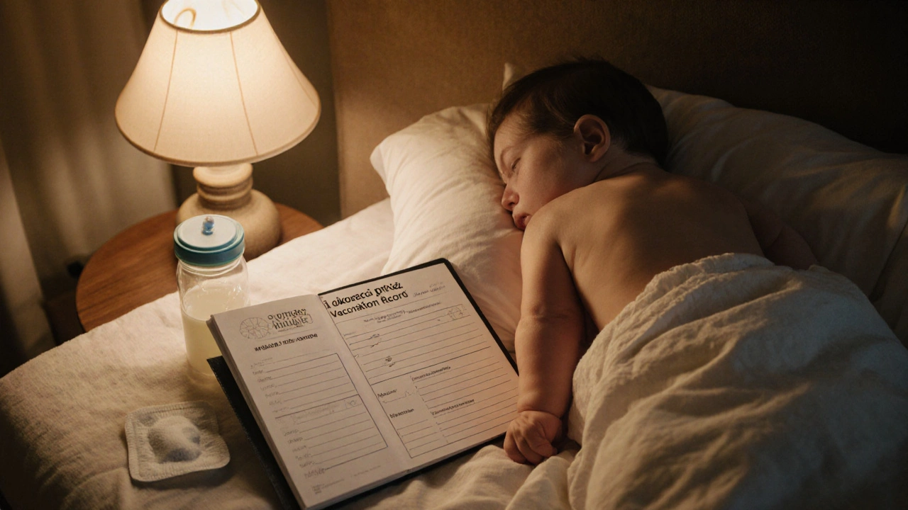 Rodič čte dítěti knížku, na stole je očkovací průkaz s zaznamenanými vakcínami ve třech měsících.