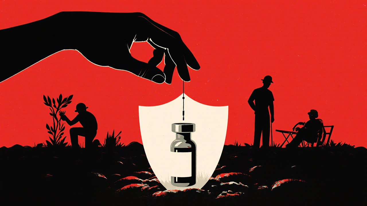 Ruka drží očkovací injekci, za ní stíny neovčkovaných lidí v půdě.