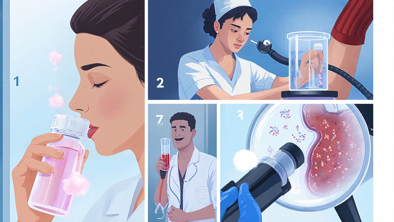 Různé lékařské testy na Helicobacter pylori: dechový test, odběr krve, stolice a endoskopie.