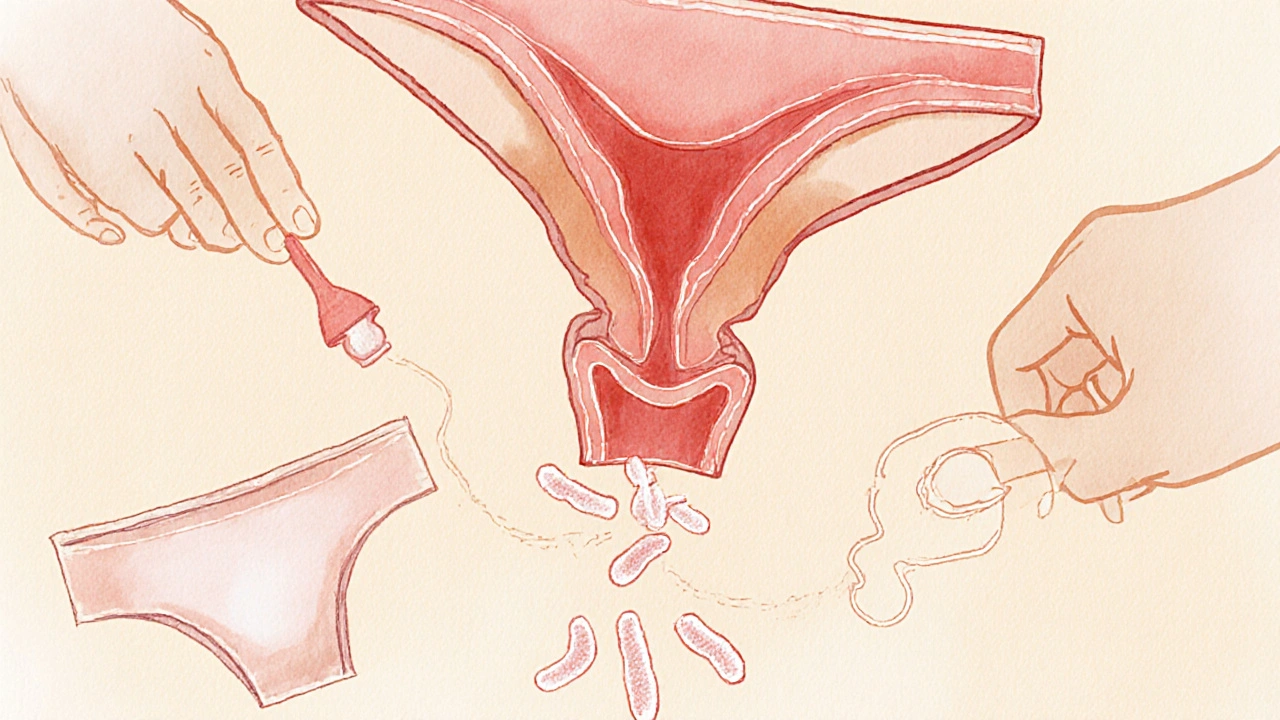 Schematic znázornění přenosu bakterií E. coli z analní oblasti k pochvě.