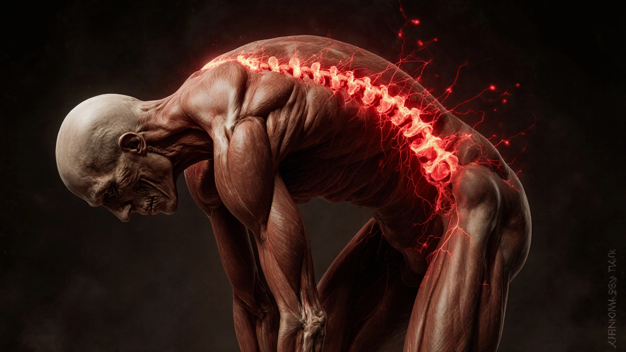 Tělo zakřivené do oblouku s červenými nervovými cestami symbolizujícími tetanus.