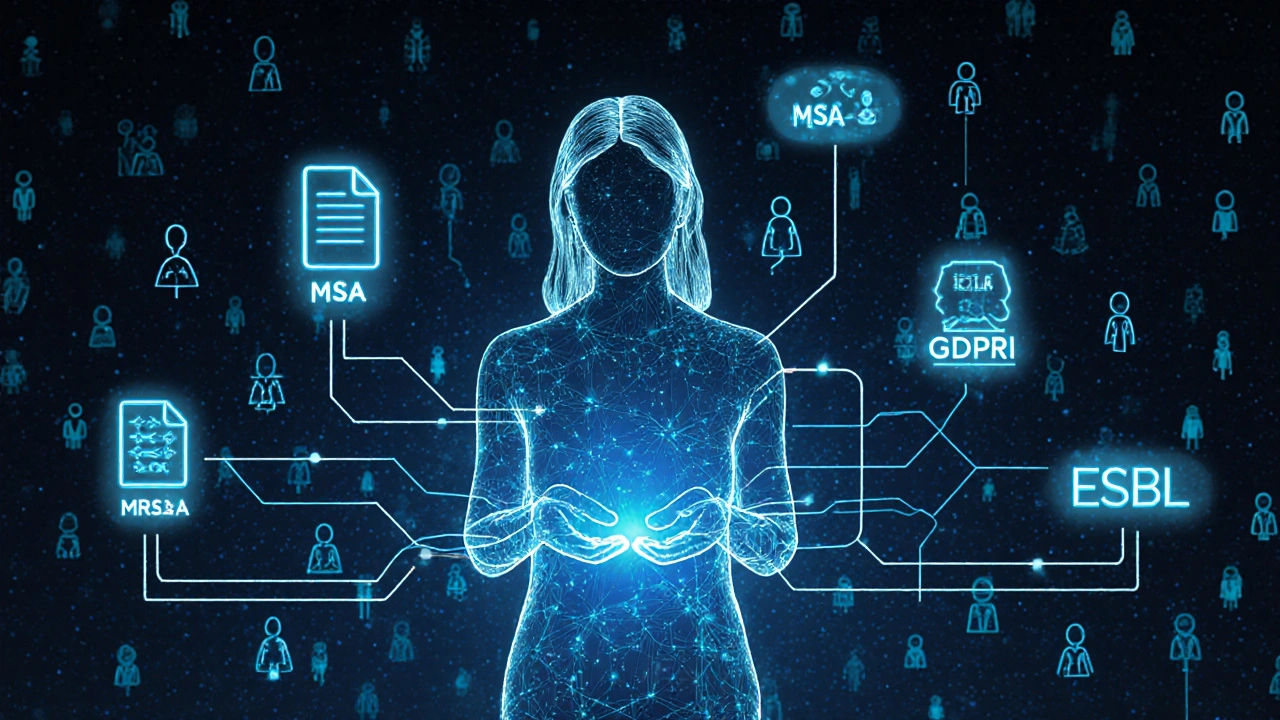 Abstraktní obrázek představující sekretářku jako centrum datového systému, které spojuje lékaře a laboratoř.