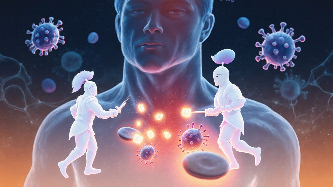 Abstraktní znázornění imunitní reakce na vakcínu s teplotou jako světelným zářením.