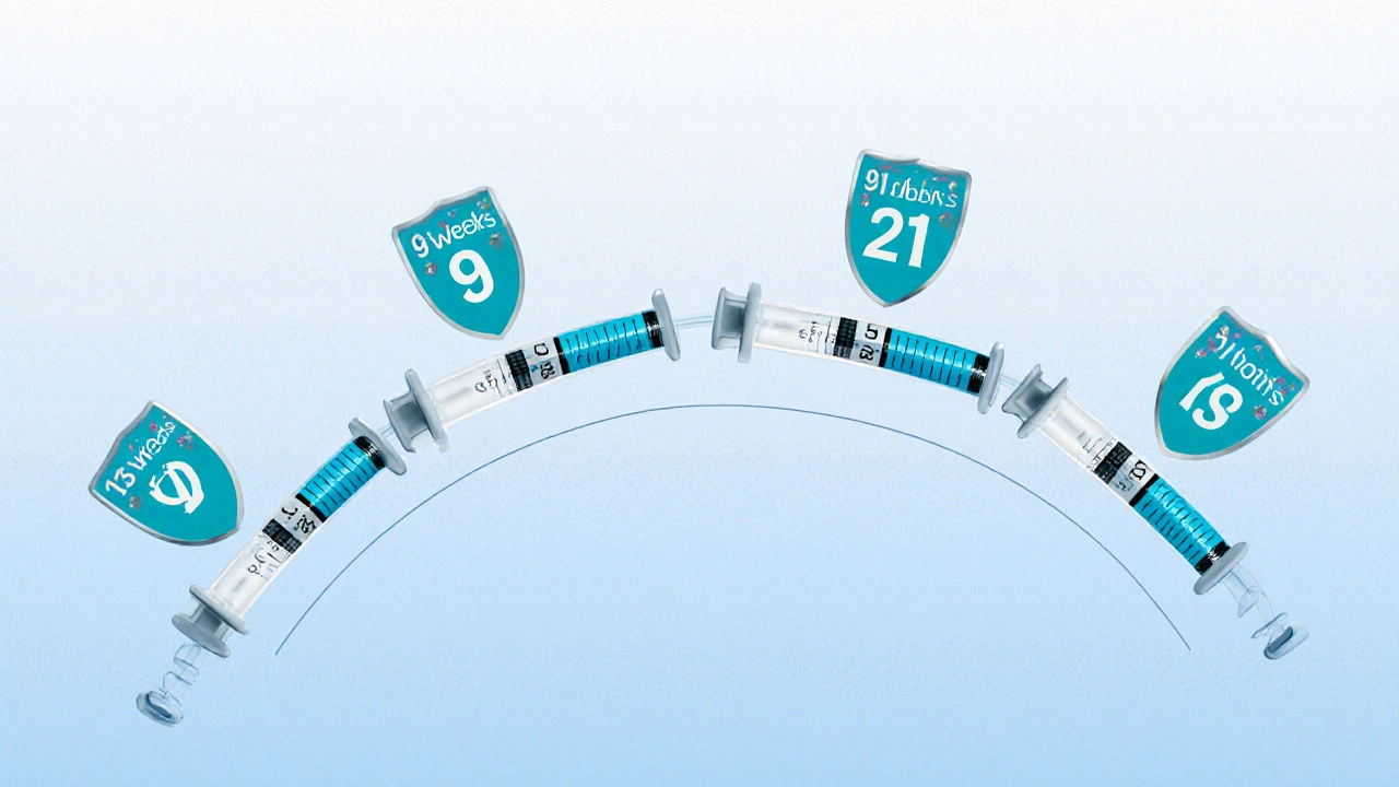 Časová osa čtyř dávek hexavakcíny s ochrannými štíty proti šesti nemocem.