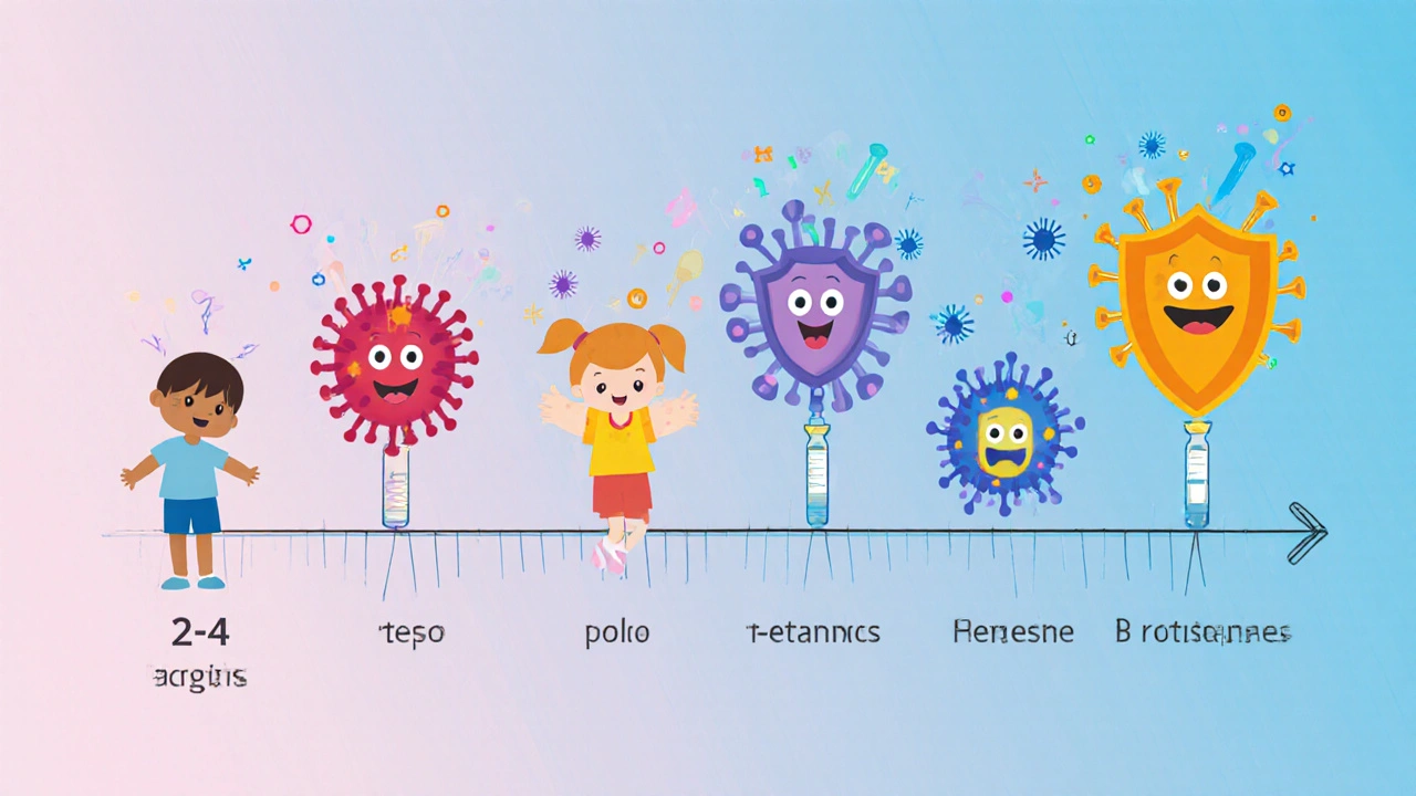 Časová osa dítěte prvního roku života s ochrannými štíty proti šesti nemocem.
