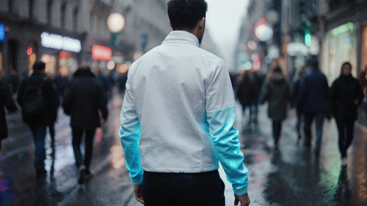 Chytrá bunda mění barvu při detekci bakterií, symbolizující budoucnost hygienického oblečení.