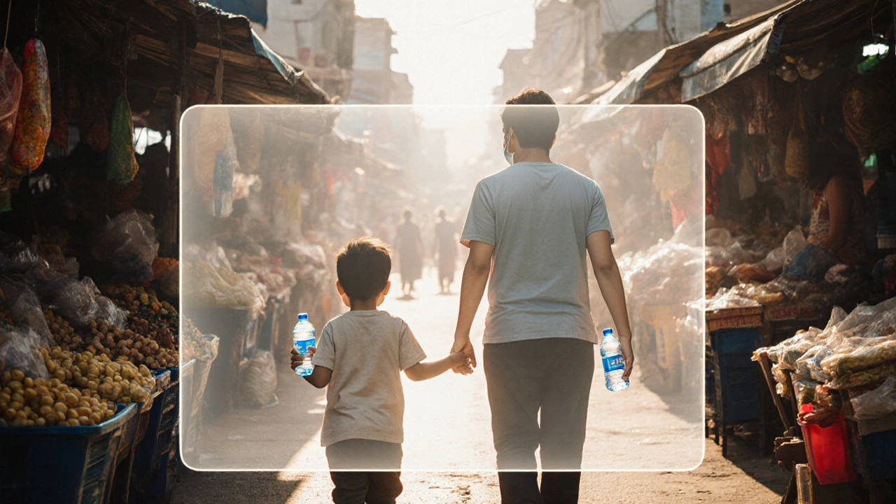 Dítě a dospělý v tržišti v Asii s ochranným štítem imunity, vyhýbají se nečistým potravinám.