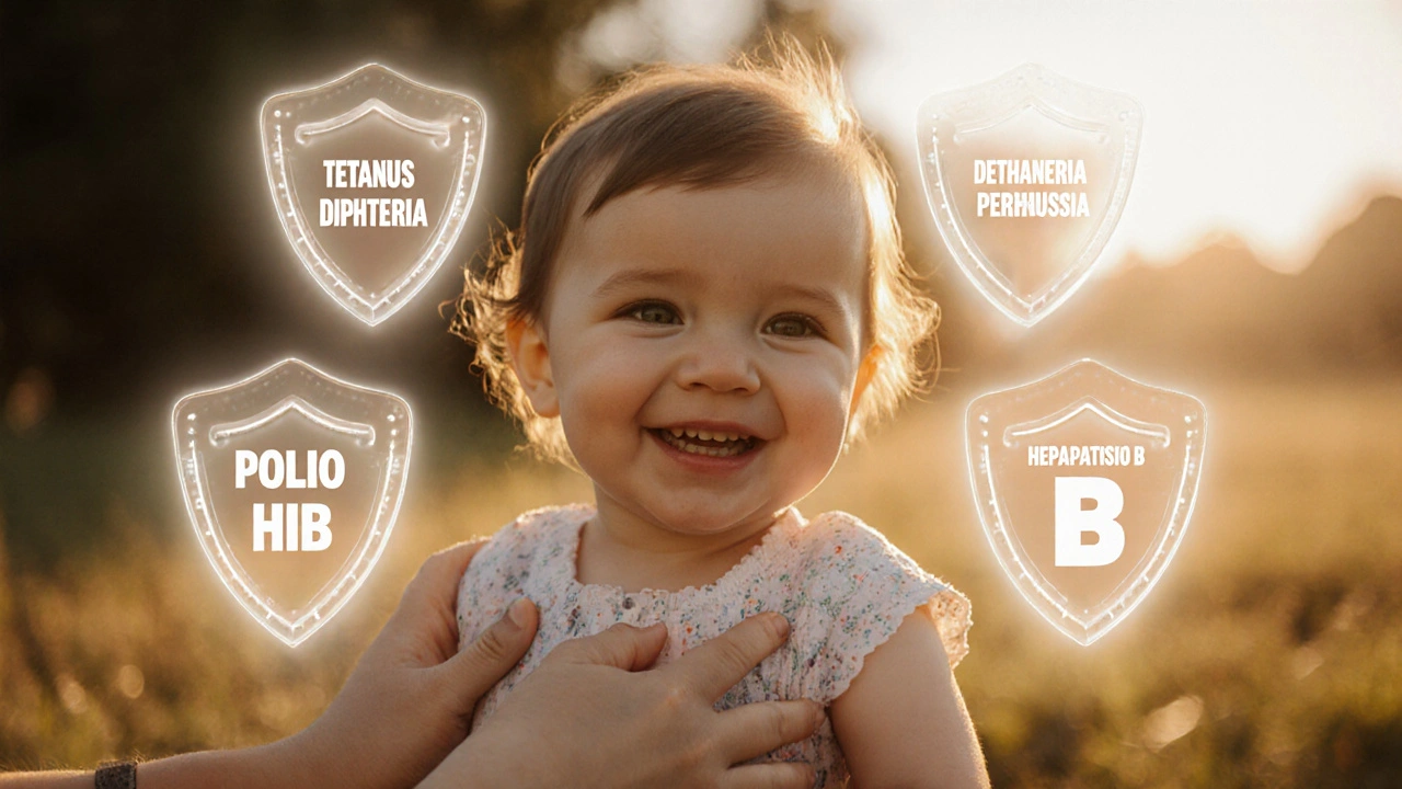 Dítě ve 15 měsících dostává posilovku hexavakcíny, kolem něj svítí štíty imunity.