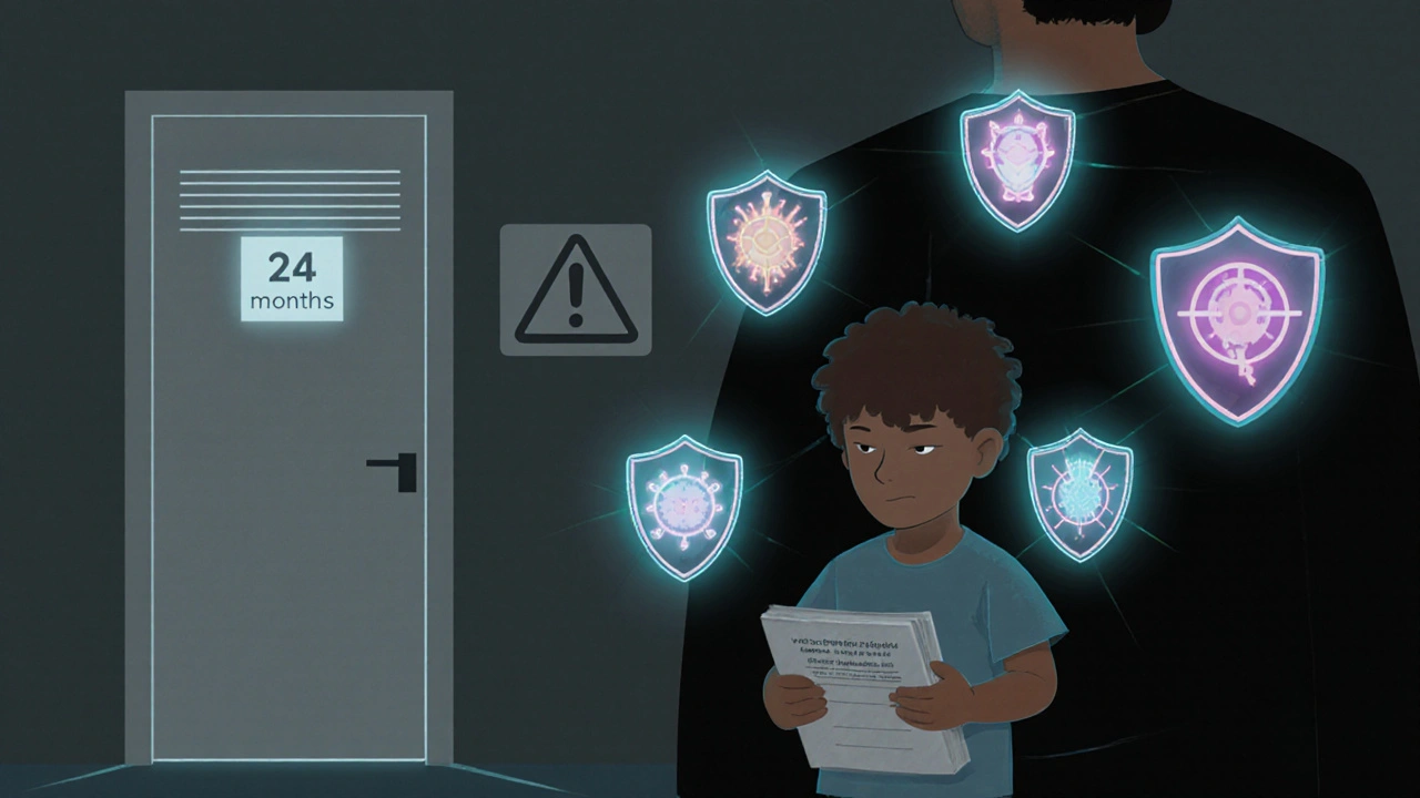 Dítě ve věku 24 měsíců drží očkovací průkaz, kolem něj svítí ochranné štíty proti nemocem.