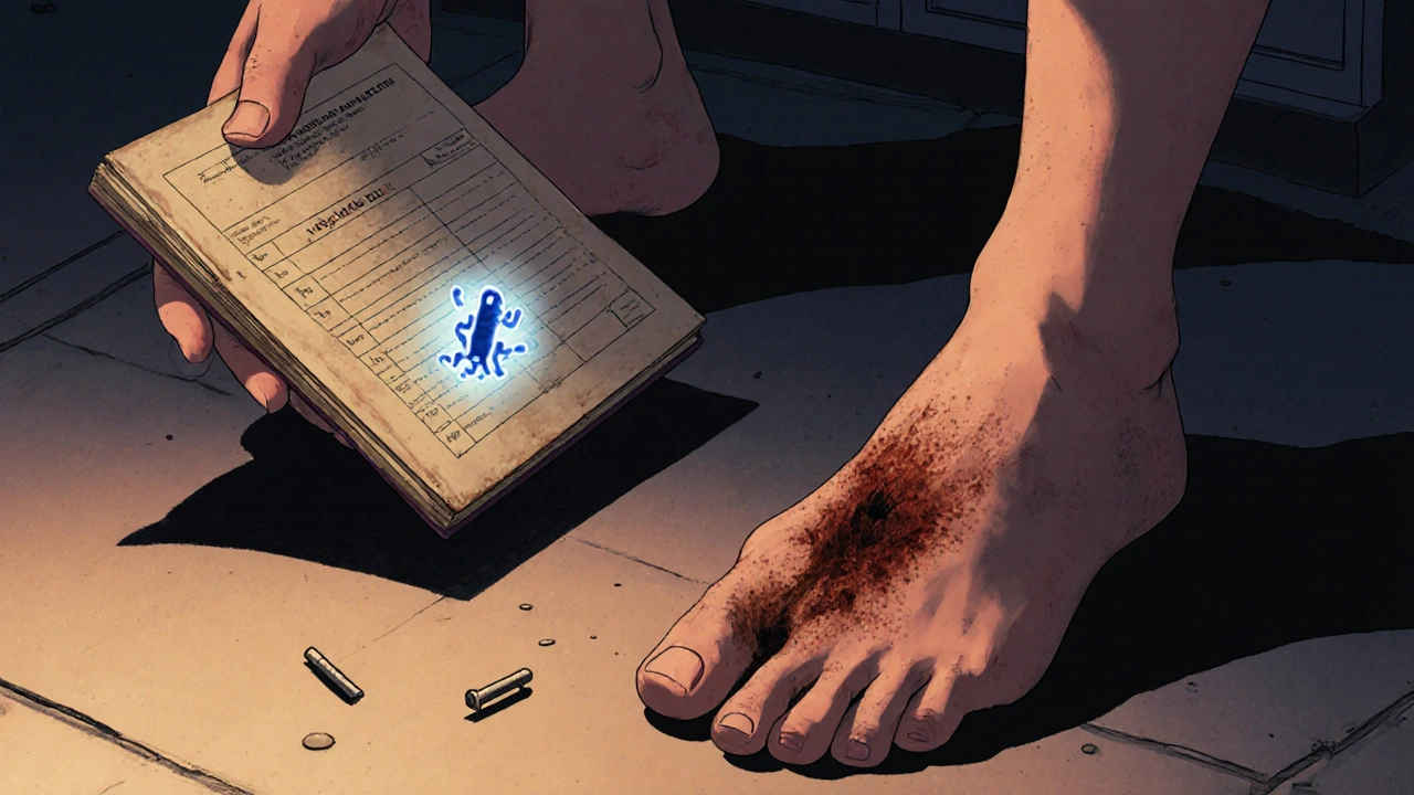 Dospělý drží očkovací knížku a má hlubokou ránu od rezavého hřebíku.