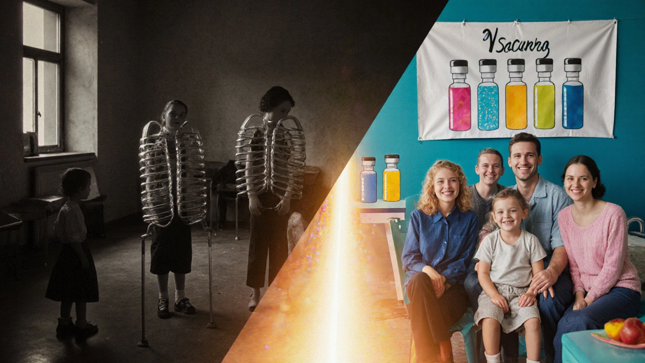 Dvě strany: jedna s poliomyelitidou v 50. letech, druhá s očkováním dnes.