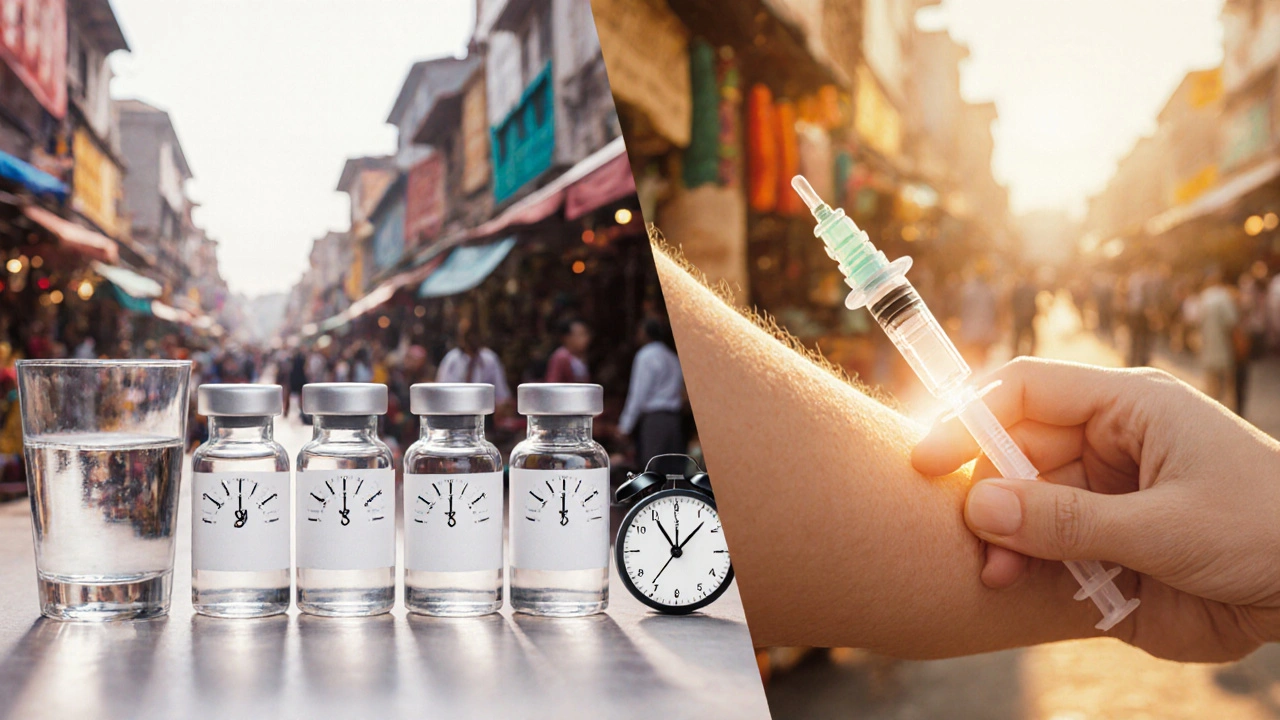 Dvě typy vakcín proti břišní tyfus: kapsle a injekce s vizualizací imunitní odpovědi.