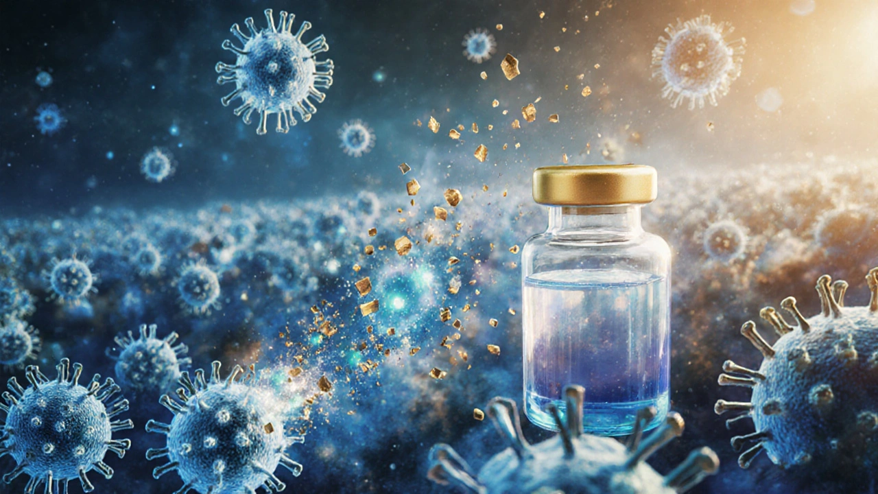 Imunitní buňky bojují proti virům po očkování, symbolicky znázorněno jako světelný boj.