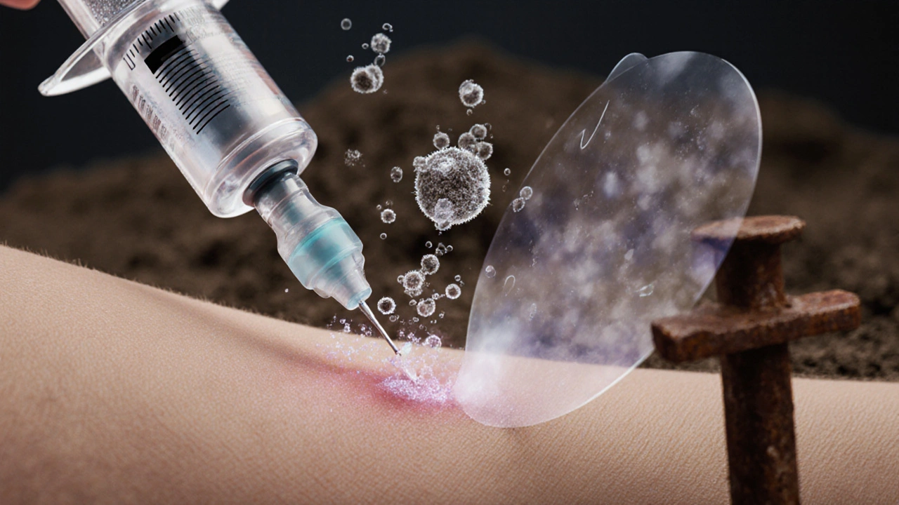 Injekce tetanusové vakcíny s mikroskopickými složkami a symbolickým ochranným štítem.