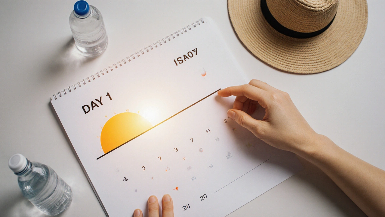 Kalendář ukazuje první tři dny po očkování, ruka si namazává krém na opalování.