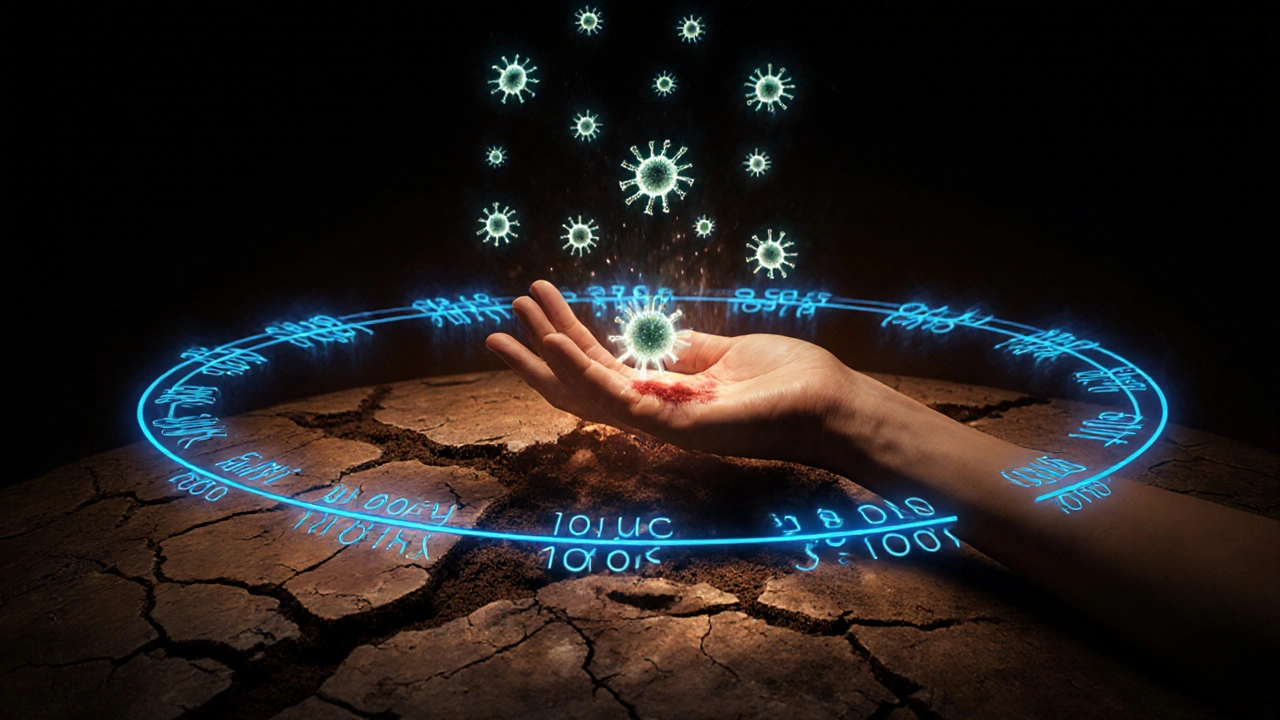 Kouzelná ilustrace spór z půdy vstupujících do rány, obklopených ochrannými kruhy.