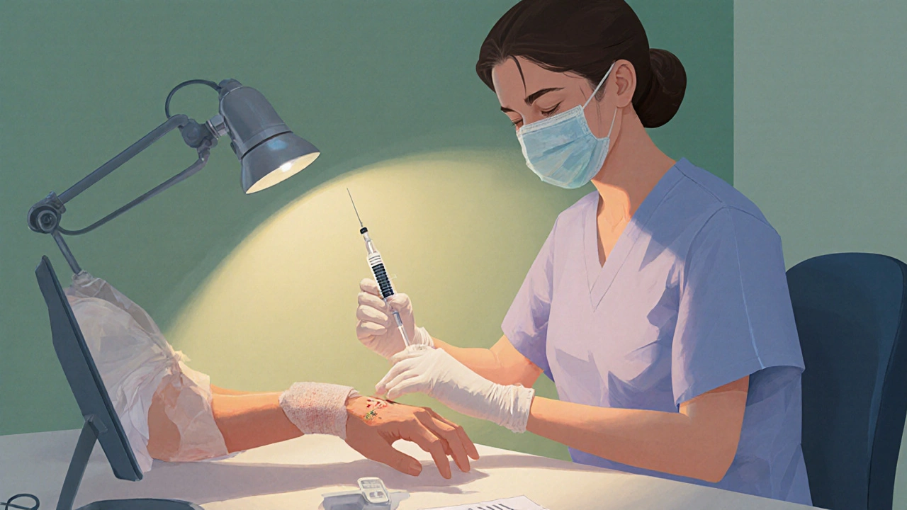 Lékař podává injekci proti vzteklinám do rány a svalu.