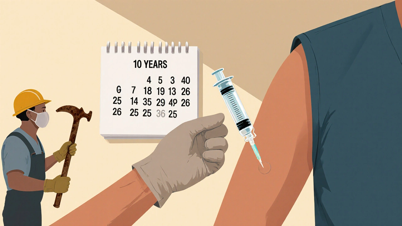 Lékař podává očkování proti tetanu v klinice, na zdi kalendář s daty každých 10 let.