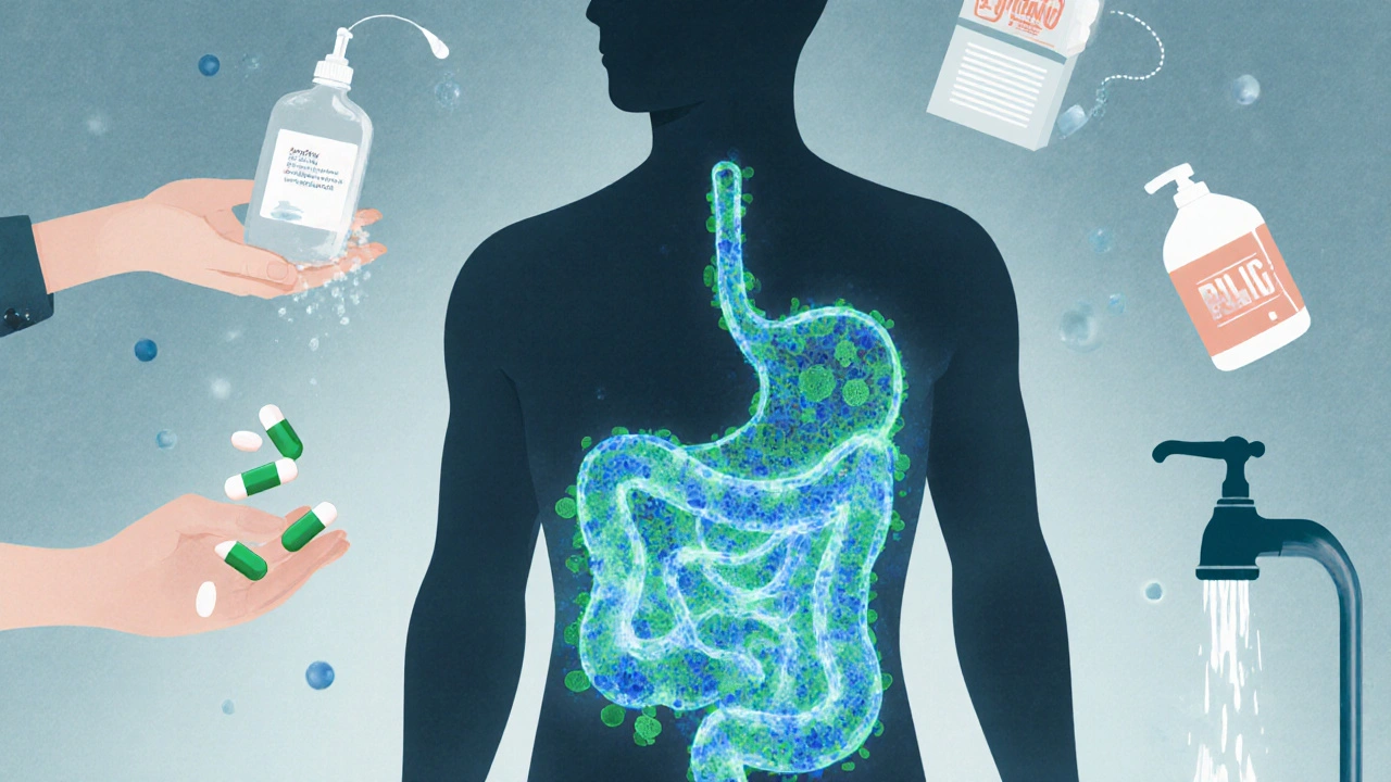 Lidský obraz s mikrobiomem v břiše a symboly zdravých návyků kolem.