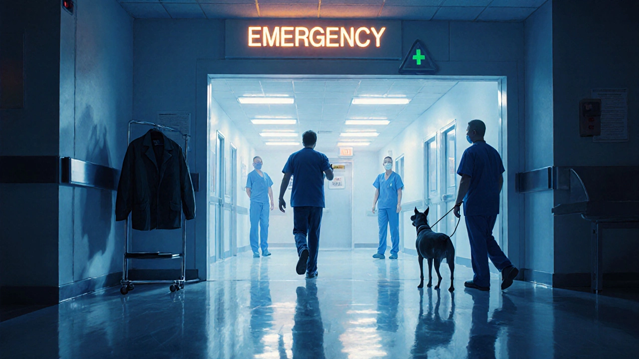 Pacient vstupuje do pohotovosti s podezřením na vzteklinu, zdravotníci ho přijímají.