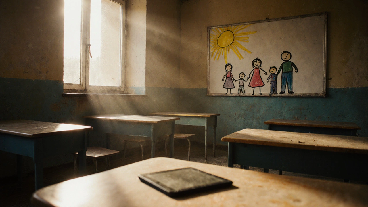 Prázdná třída s opuštěnými lavicemi, na zdi je kresba rodiny, na stole leží tablet.