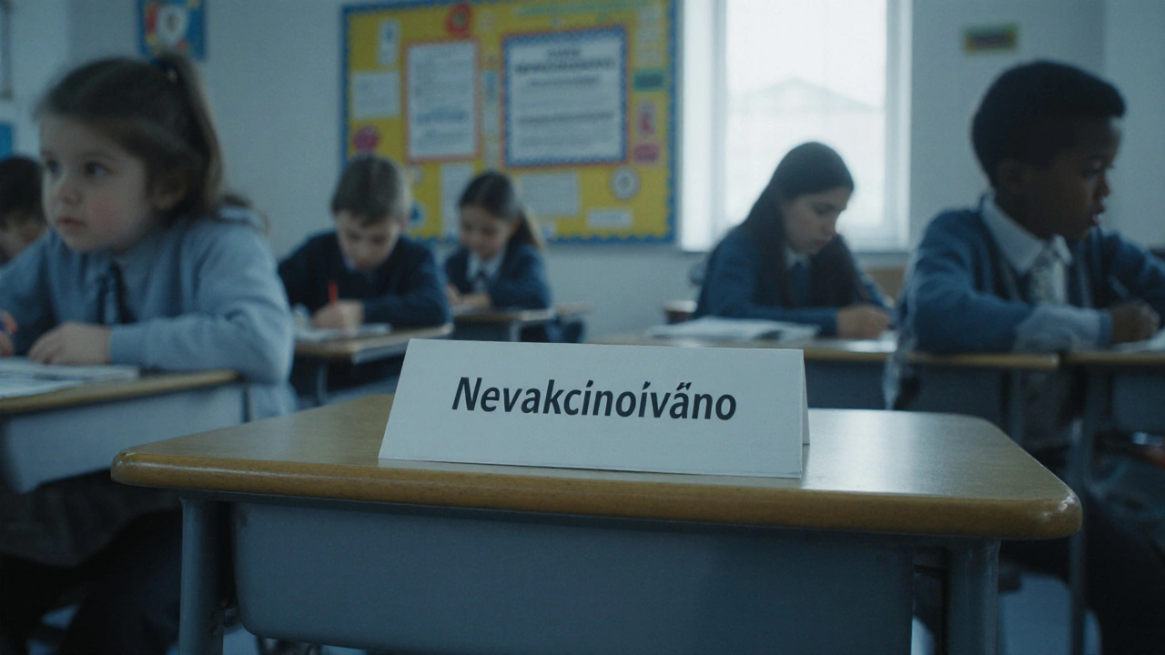 Prázdné lavice ve škole pro neovčkované dítě během epidemie.