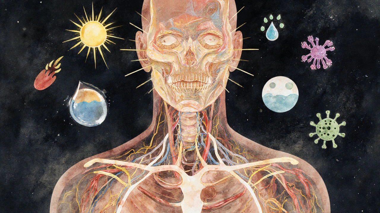 Průhledný lidský obrys s nervy, cévami a mikroby, osvětlený slunečními paprsky