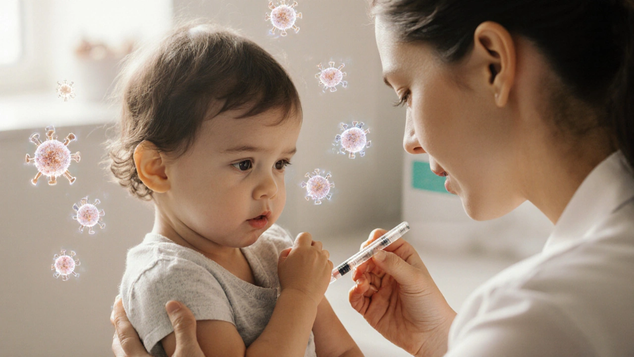 Rodič drží dítě při očkování v klidném kancelářském prostředí.