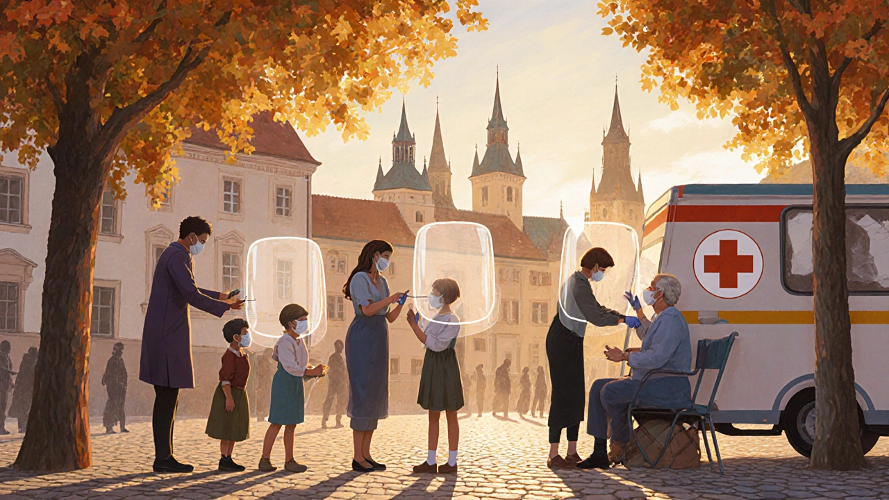 Rodina a děti v českém městě dostávají očkování pod stromy v zářivém odpoledním světle.