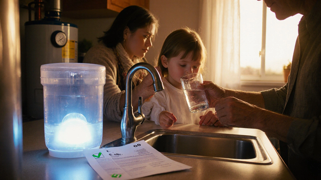 Rodina pije vodu z kohoutku, pod ním svítí UV filtr a na stole je výsledek testu vody.