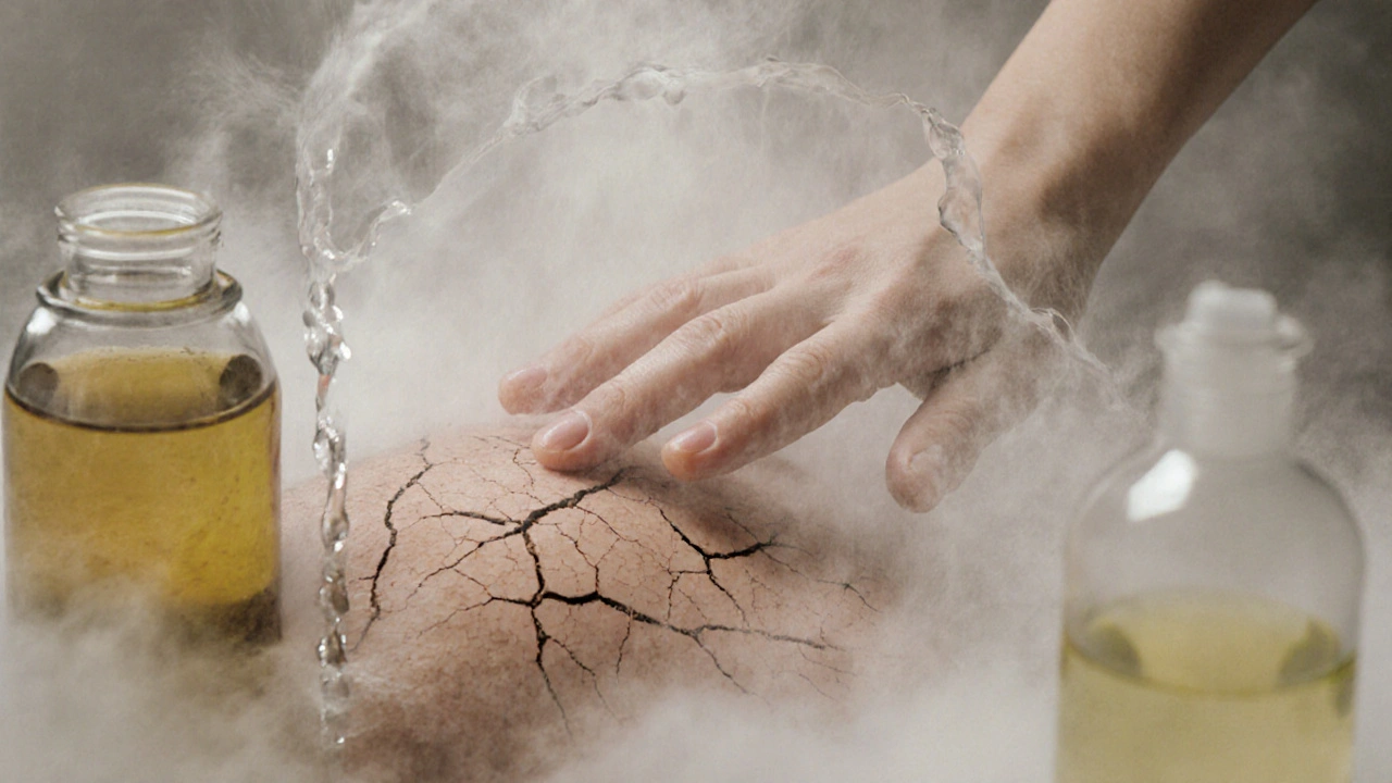 Ruka, jejíž suchá kůže se mění v zdravou, zatímco chemikálie a horká voda mizí