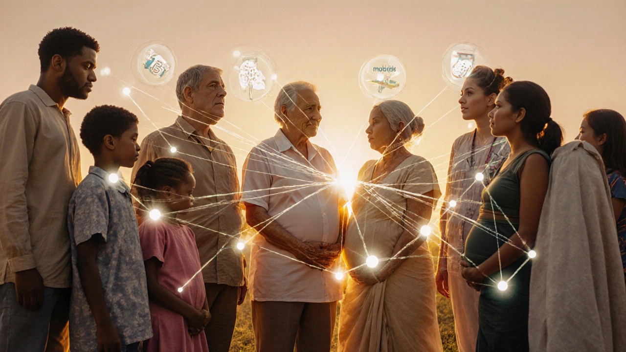 Různí lidé spojení světelnými linkami, symbolizujícími skupinovou imunitu.