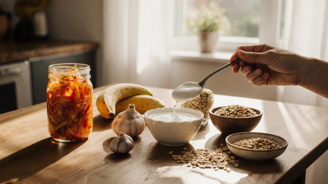 Různorodé rostlinné potraviny podporující zdravý mikrobiom.