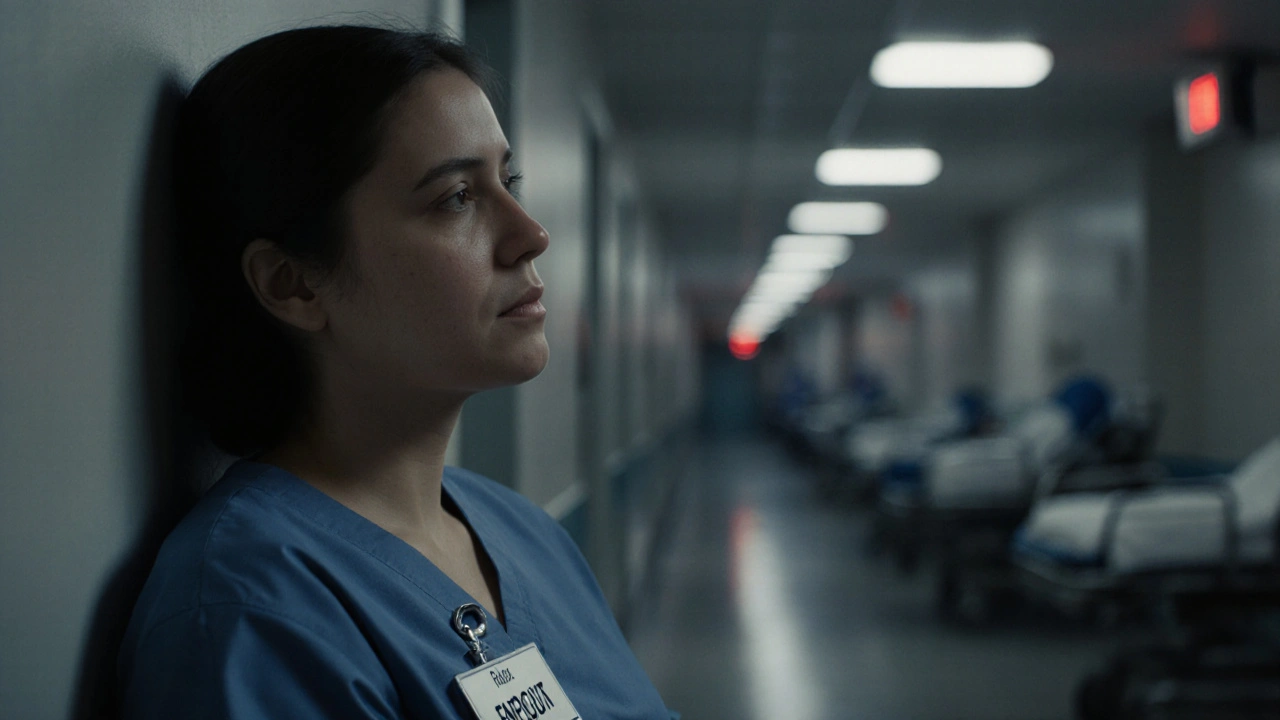 Sestra v nemocnici se opírá o zeď s očima zavřenými, slzy na tváři, v pozadí září nouzové světlo.