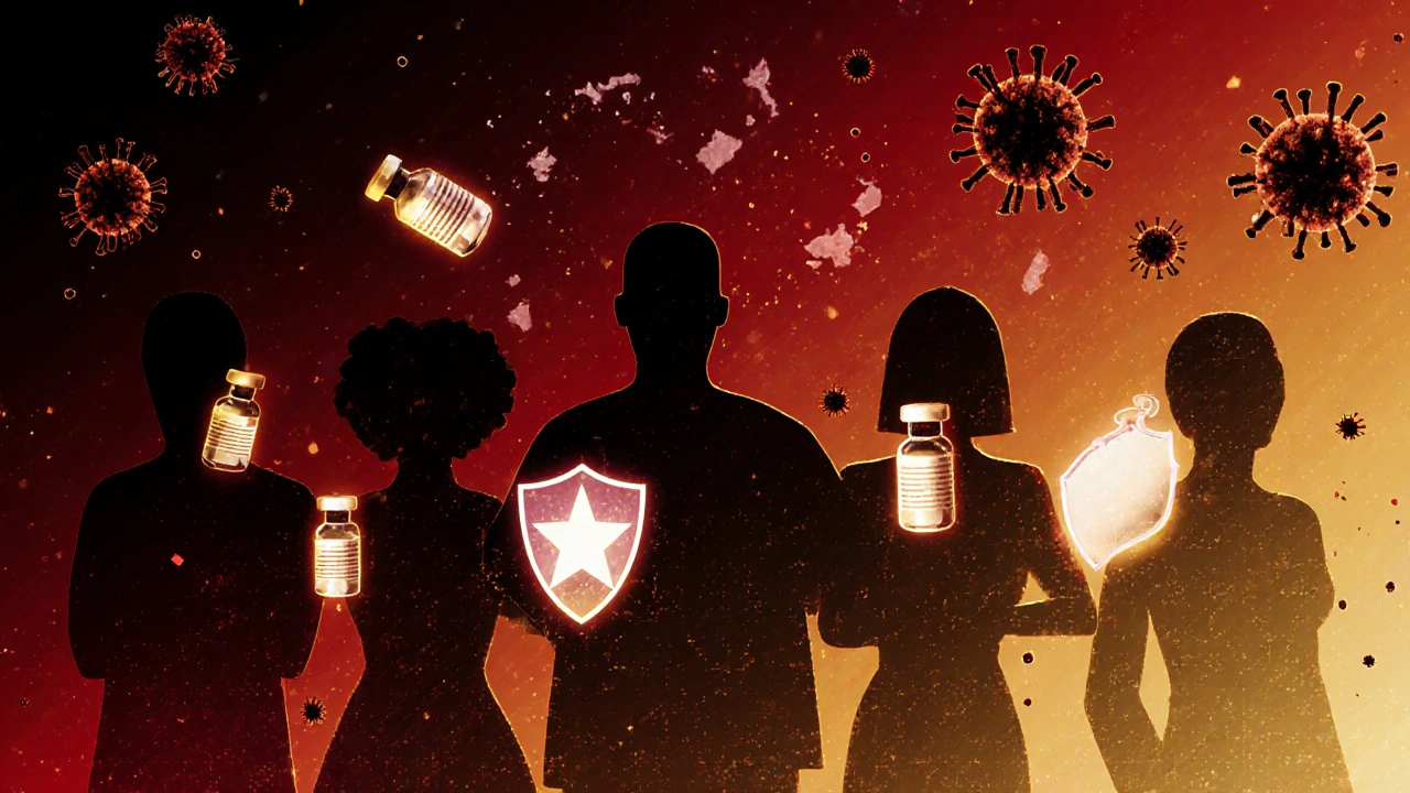 Skupina lidí tvoří ochrannou stěnu proti nemoci, symbolizující skupinovou imunitu.