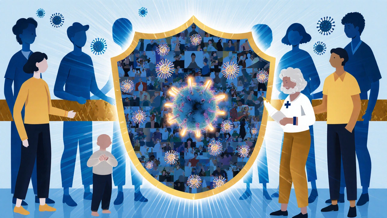 Skupina lidí tvoří ochranný štít proti virům, symbolizující sbornou imunitu.